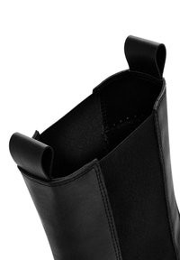 Black ankle boot with a smooth leather exterior and elastic panels. Features a rounded top and pull tabs for easy wear.