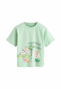 Jasnozielona koszulka z krótkim rękawem z ilustracją nawiązującą do gospodarstwa rolnego, przedstawiającą zwierzęta i napis "FARMYARD FRIENDS". Miękki materiał bawełniany.
