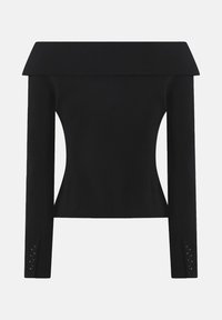 Top nero con scollo a barca e maniche lunghe, caratterizzato da ritagli laterali, un design strutturato e bottoni decorativi sui polsini.