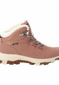 Botas de senderismo impermeables en color malva con un suave forro blanco, cordones en negro y blanco, superficie texturada y suela robusta en blanco y marrón.