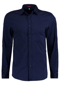 Navy long-sleeve shirt made of smooth fabric, featuring a button-down front, pointed collar, and a tailored fit, with six front buttons.