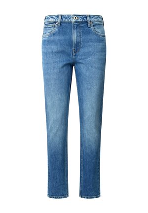 Helle blaue Jeans mit geradem Bein, fünf Taschen, einem Knopf- und Reißverschluss und subtilen Auswaschungen an den Oberschenkeln.
