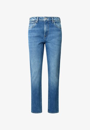 Lichtblauwe denim jeans met een rechte pijp, vijf zakken, een knoop- en ritssluiting, en subtiele vervaging op de dijen.