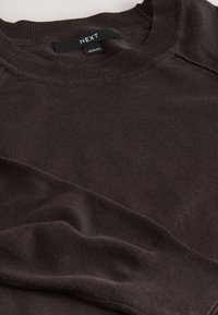 Maglione marrone scuro in tessuto liscio. Presenta un collo a coste tondo e dettagli cuciti, con una vestibilità comoda e una texture morbida.