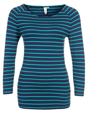 Chemise à manches longues bleu marine avec des rayures horizontales turquoise et un col rond.