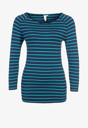 Chemise à manches longues bleu marine avec des rayures horizontales turquoise et un col rond.