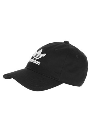 Sort Adidas baseballkasket med hvidt Trefoil-logo broderet foran og en buet skygge.