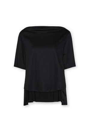 Zwarte korte mouwen blouse met boothals en gelaagde asymmetrische zoom, gemaakt van glad, lichtgewicht stof.