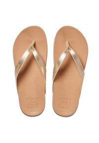 Gouden metallic slippers met een textuurligger, een tan voetbed en een gemoldde logo. Beschikt over een minimalistisch ontwerp en een lichte constructie.