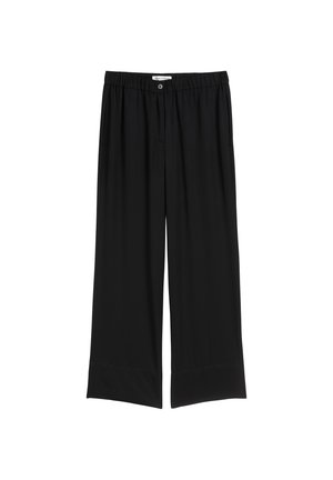 Schwarze weite Hosen aus glattem Stoff, ausgestattet mit einem elastischen Bund und einem Knopfverschluss, mit einem schlichten gesäumten Saum.
