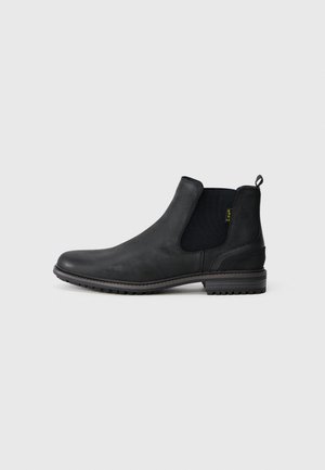 Schwarze Leder-Chelsea-Stiefel mit elastischen Seitenpaneelen, einer runden Spitze und einer strukturierten Gummisohle; mit einem Zugschlaufen an der Rückseite.