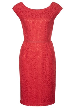 Rotes Spitzenkleid mit figurbetonter Silhouette, Bootsausschnitt und kurzen Ärmeln. Verfügt über filigrane Blumenmuster und einem passenden Gürtel in der Taille.