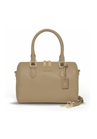 Beige leren handtas met dubbele handgrepen, ritssluiting en gouden hardwareaccenten. Voorzien van een merklabel en een gestructureerde afwerking.