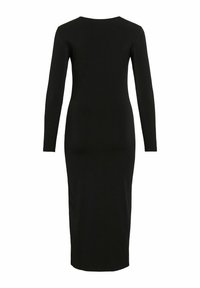 Juoda suknelė ilgomis rankovėmis iš tamprios medžiagos, prigludusios silueto, apvalios iškirptės ir ažūrinio kirpimo iki kelių ilgio, su lygiu tekstūra.