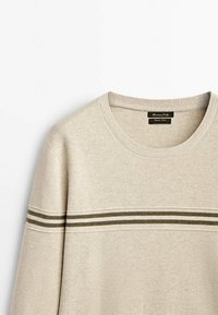 Beżowy długi rękaw, sweter z okrągłym dekoltem, z dwoma ciemnozielonymi paskami i dwoma białymi paskami na klatce piersiowej. Miękka dzianinowa struktura.