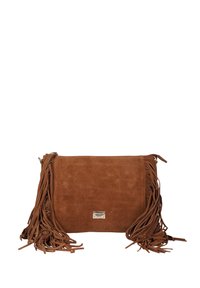 Borsa a tracolla in suede marrone con lunghe frange, forma rettangolare, dettaglio logo dorato e texture morbida. Ideale per un uso casual.