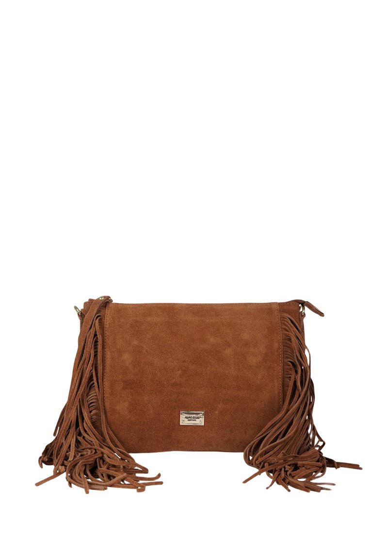 Borsa a tracolla in suede marrone con lunghe frange, forma rettangolare, dettaglio logo dorato e texture morbida. Ideale per un uso casual.