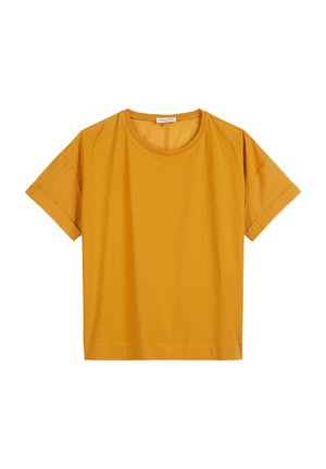 Mustard yellow short-sleeve t-shirt, featuring a round neckline, relaxed fit, and smooth, soft cotton fabric with a simple, clean design.