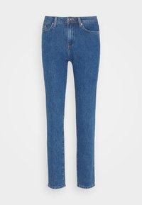 Högmidjade, raka blå jeans gjorda av denim. Har fem fickor, bältesöglor och en standard dragkedjestängning.