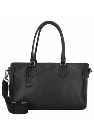 Schwarze Leder-Shopper-Tasche mit doppelten Griffen, abnehmbarem Schultergurt und dezenten Hardware-Details. Hat eine rechteckige Form und eine glatte Textur.