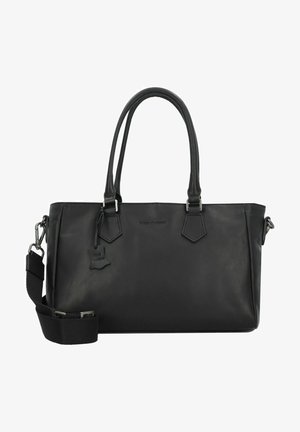 Schwarze Leder-Shopper-Tasche mit doppelten Griffen, abnehmbarem Schultergurt und dezenten Hardware-Details. Hat eine rechteckige Form und eine glatte Textur.