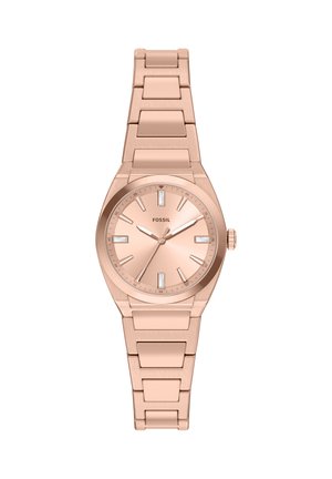 Rose gold metal wristwatch with linked bracelet, round face, minimalist dial, and three hands showing the time at 01:43.