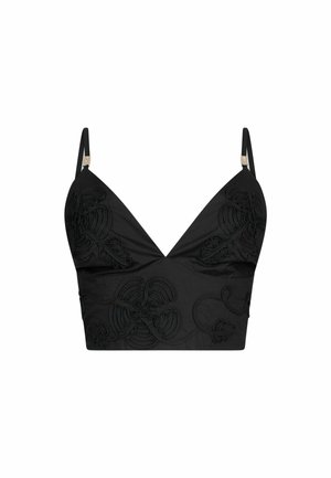 Bralette noir court avec fines bretelles ajustables et détails de broderie florale sur les bonnets et le corps.