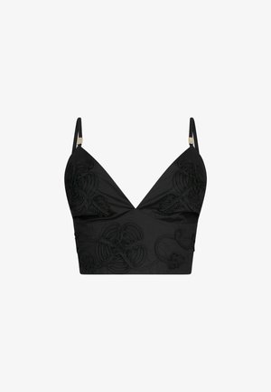 Bralette noir court avec fines bretelles ajustables et détails de broderie florale sur les bonnets et le corps.