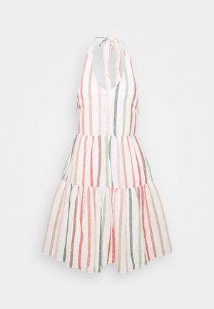 Ærmeløs halterneck-kjole med lodrette pastelstriber i pink, grøn, orange og brun, med et lagdelt, udvidet skørt.