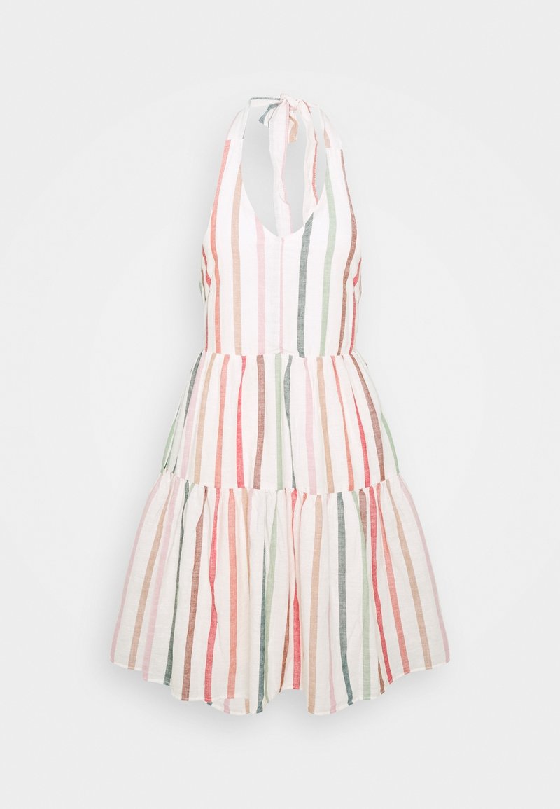 Robe sans manches à col licou avec des rayures verticales pastel en rose, vert, orange et marron, dotée d'une jupe à volants en plusieurs étages.