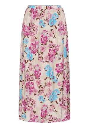 Jupe midi beige à taille élastique, ornée de motifs floraux roses et bleus avec des feuilles marron.
