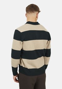 Sweter w paski w beżowym i ciemnozielonym kolorze, z płaskim kołnierzykiem i ściągaczami na mankietach. Materiał wydaje się miękki i teksturowany, z poziomymi paskami.