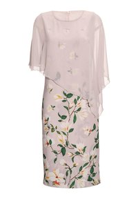Blumenkleid mit einem hellrosa Grundton, das mit einem transparenten Überzug und botanischem Druck in Weiß und Grün versehen ist. Die Ärmel sind flatterig und haben eine sanfte Textur.