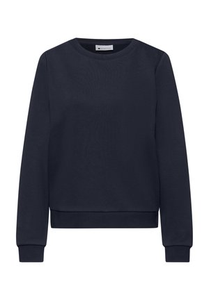 Laivastonsininen pyöreäkauluksinen collegepaita, jossa on pitkät hihat sekä resorit hihansuissa ja helmassa, esitetty yksinkertaisella valkoisella taustalla.