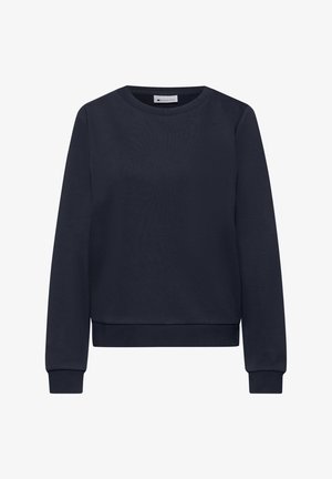 Marineblauer Sweatshirt mit Rundhalsausschnitt, langen Ärmeln sowie gerippten Bündchen und Saum, dargestellt auf weißem Hintergrund.
