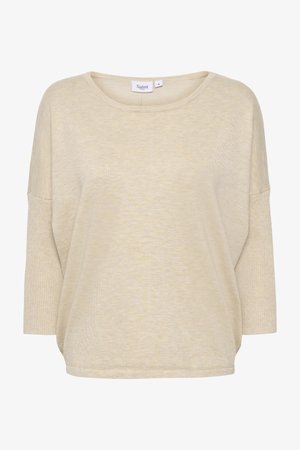 Vaaleanbeige ylisuuri pusero, joka on valmistettu pehmeästä kankaasta, leveällä pääntielle ja kolmella neljänneksellä hihoja. Ominaisuuksiin kuuluu rento malli ja vähäiset sauman yksityiskohdat.