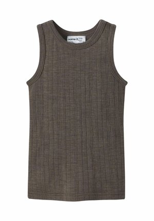 Braunes ärmelloses Tanktop aus geripptem Stoff mit strukturiertem Design. Verfügt über einen runden Ausschnitt und saubere, genähte Kanten.