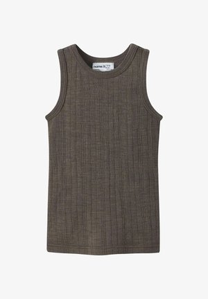 Bruin mouwloos tanktop gemaakt van geribbelde stof met een gestructureerd ontwerp. Heeft een ronde halslijn en nette, gestikte randen.