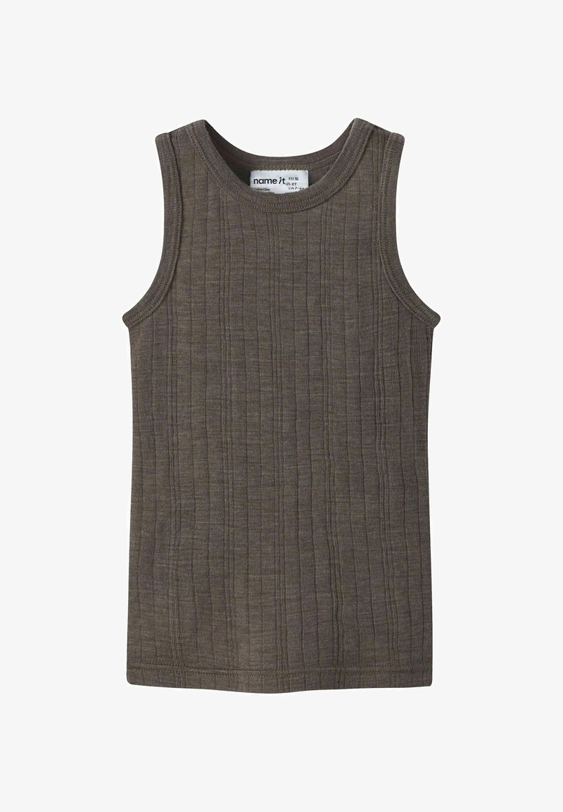 Débardeur marron sans manches en tissu côtelé avec un design texturé. Il présente un col rond et des bords nets cousus.
