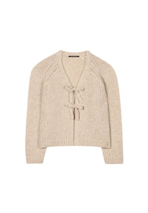 Beige knitted cardigan with a V-neck, tie closure at the front, and ribbed cuffs and hem. Features textured, chunky yarn weave.