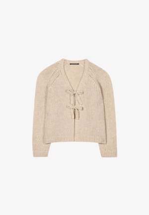 Beige gestrickte Strickjacke mit V-Ausschnitt, Bindegürtel an der Vorderseite sowie gerippten Bündchen und Saum. Mit strukturiertem, dickem Garngewebe.