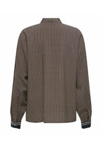Camicia a maniche lunghe di colore marrone scuro con un motivo geometrico di cerchi intrecciati. Presenta colletto e polsini con bottoni.
