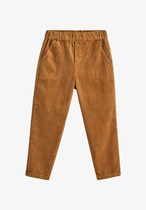 Pantaloni in corduroy marrone con vita elastica e tasche frontali, design a gamba dritta, distesi su sfondo bianco.