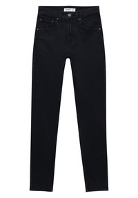 Jean skinny noir en denim, avec une coupe classique à cinq poches, des accents en métal et une texture délavée.