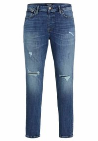 Jeans in denim blu con una vestibilità leggermente affusolata, caratterizzati da dettagli scoloriti, zone sbiadite e due evidenti strappi sulle ginocchia. Lavabile in lavatrice.