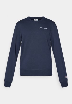 Navy blue sweatshirt made from cotton blend, featuring long sleeves, a crew neck, and a small white logo on the chest. Ribbed cuffs and hem.
