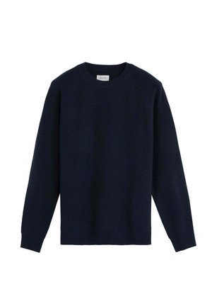 Suéter azul marino con escote redondo, mangas largas tipo raglán y dobladillo acanalado. Hecho de un material suave y texturizado. Sin patrones ni acentos.