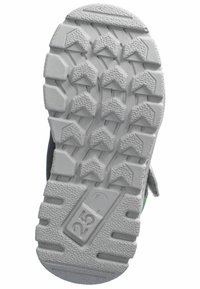 Suela de zapato de goma gris con una superficie texturizada, que presenta un patrón en zigzag y puntos de tracción elevados, etiquetada con el número "25".