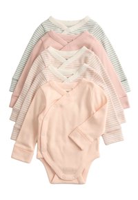 Sada pěti dětských body z jemné bavlny. Vlastnosti zahrnují dlouhé rukávy, zapínání na druky a různé vzory v pastelově růžové a proužkované.