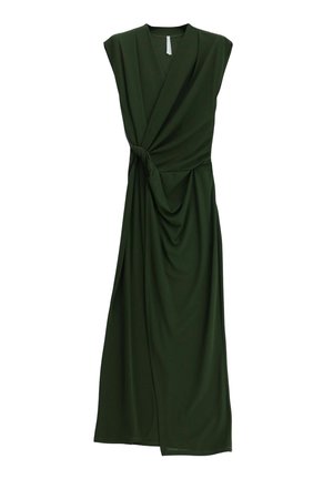 Abito midi verde scuro senza maniche con scollo a V, dettaglio in tessuto drappeggiato e twist raccolto in vita.